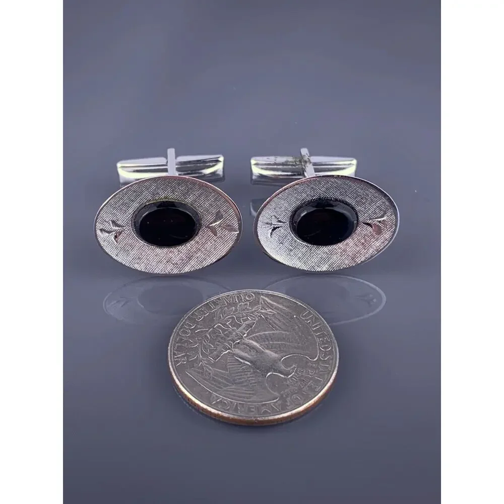 Black Obsidian Sterling Silver Cufflinks Oval Etched Leaves Simple JML Vintage